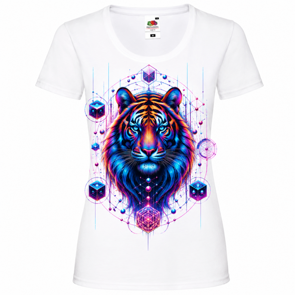🐅🔮 Neon Tiger Geometry – Damen T-Shirt mit futuristischem Tiger-Motiv ✨🖤