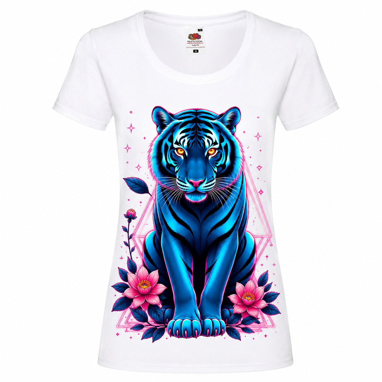 🐅🌸 Neon Blue Tiger – Damen T-Shirt mit Tiger- und Blütenmotiv ✨🖤