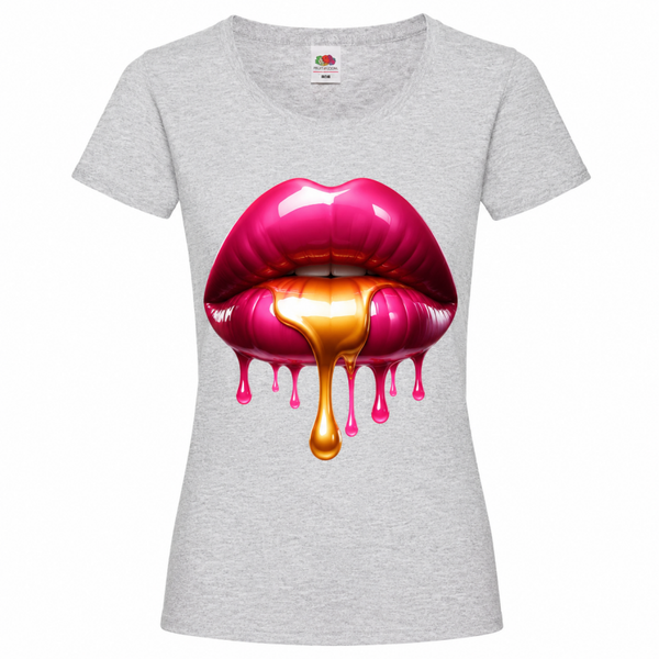💋🍯 Golden Drip Lips – Damen T-Shirt mit glamourösem Lippenmotiv 🖤✨