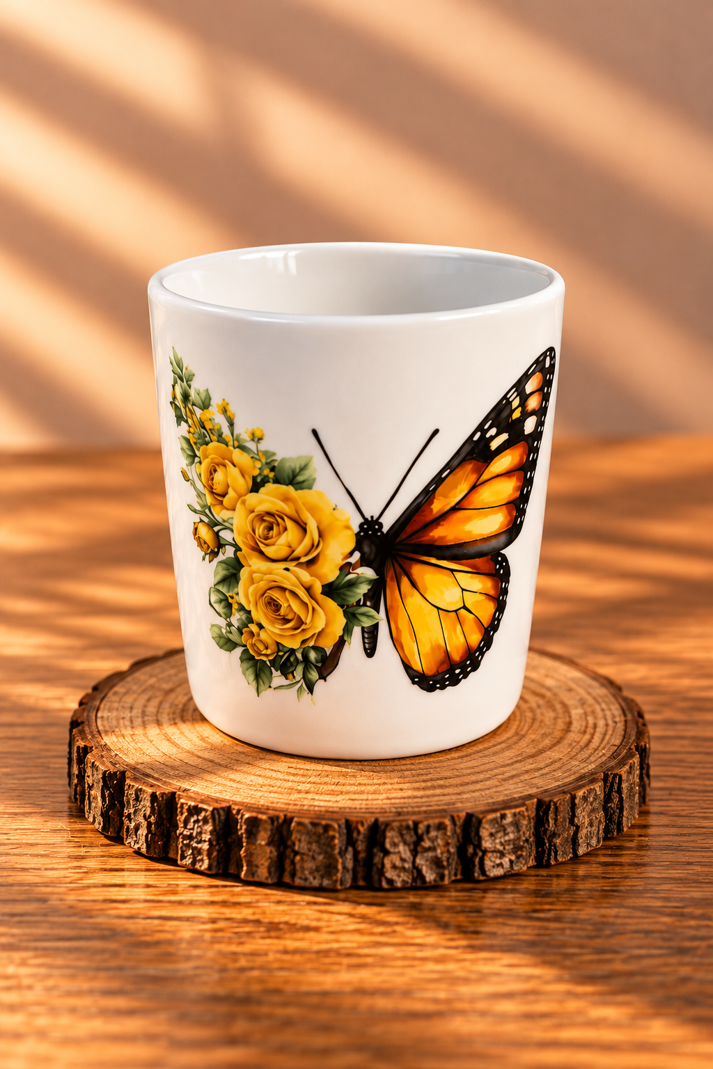 Elegante Schmetterlingstasse – goldene Blüten & zauberhafte Farben