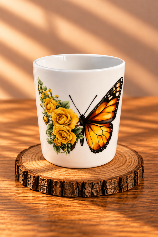 Elegante Schmetterlingstasse – goldene Blüten & zauberhafte Farben