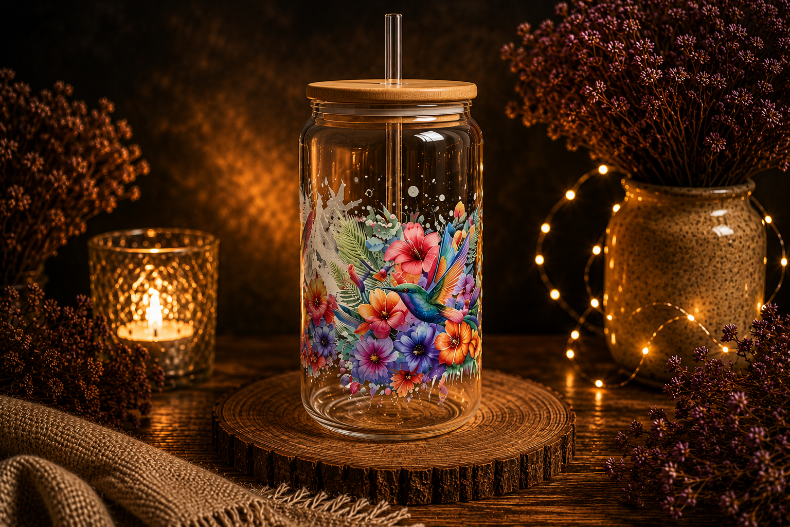 Trinkglas mit Kolibri-Motiv