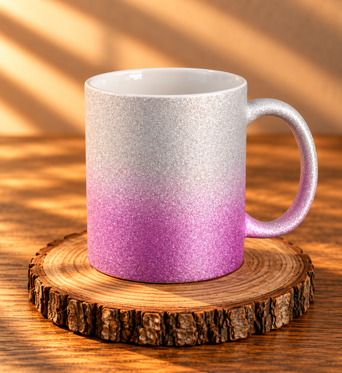 Glitzer-Tasse mit Farbverlauf Silber/Purple