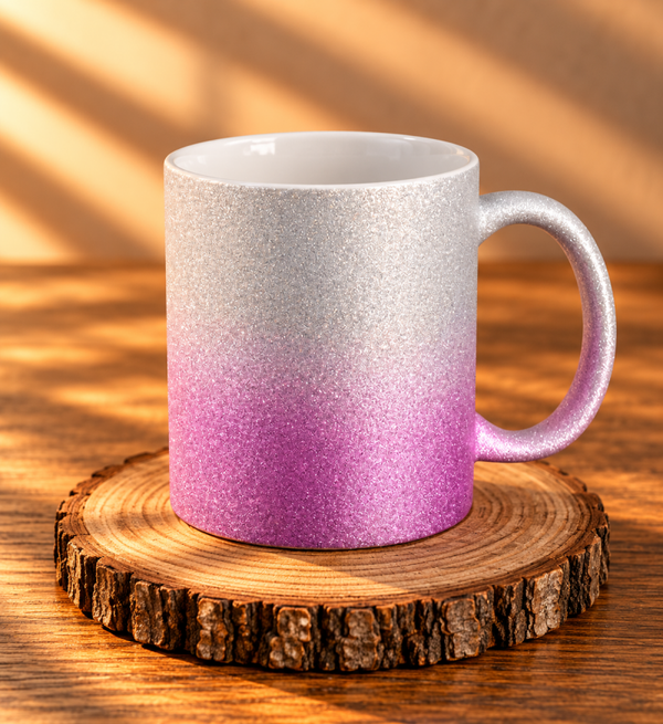 Glitzer-Tasse mit Farbverlauf Silber/Purple