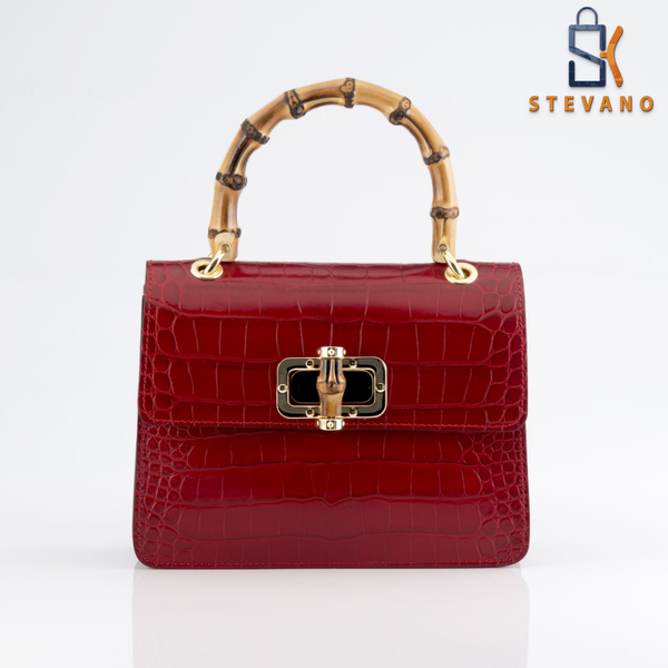 Leer tas, schoudertas, rood, bamboe handvat (M3003).