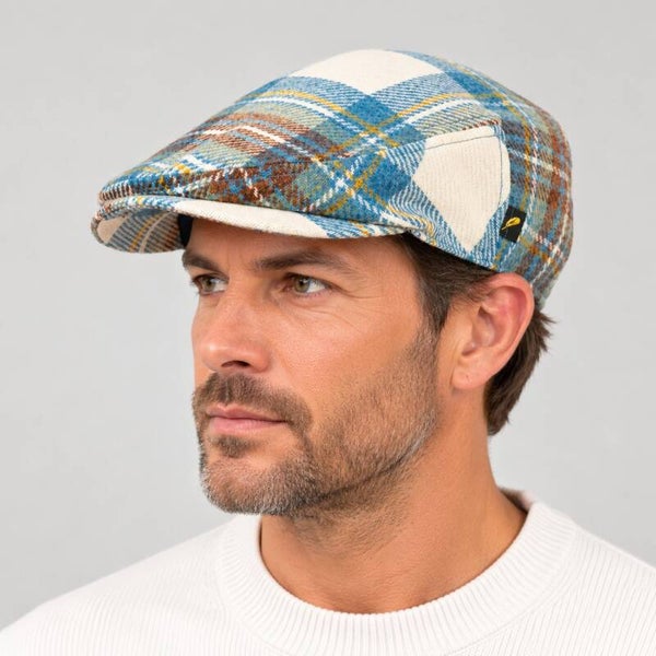 Hatman of Ireland Flat Cap Unisex Aran Blue tartan 100% Iers scheerwol