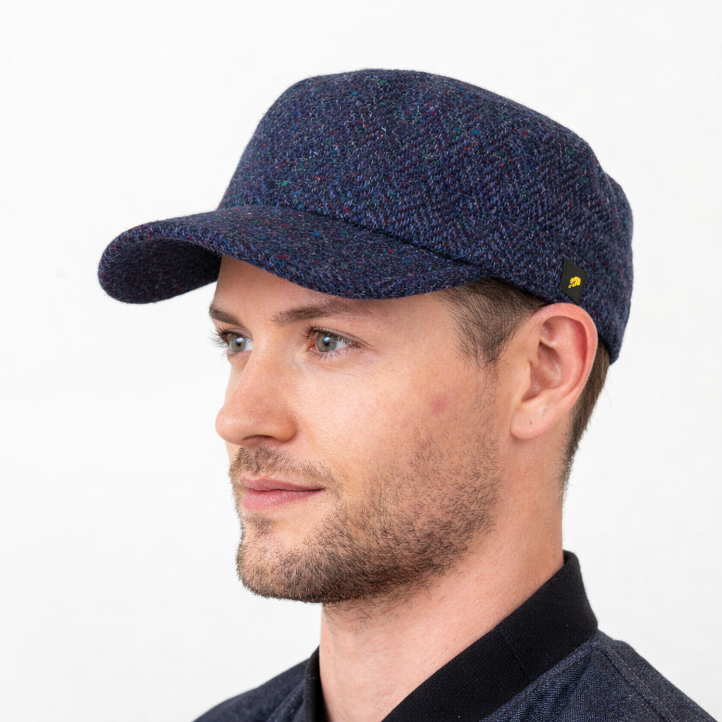 Cadet Cap - 100% Donegal Tweed - Navy - Herringbone