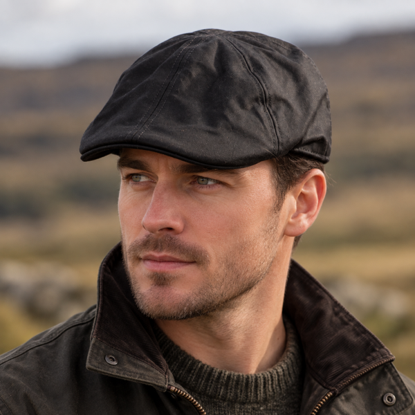 Walker & Hawkes Belton Wax Flat Cap Black – 100% British Millerain Gewaxt Katoen
