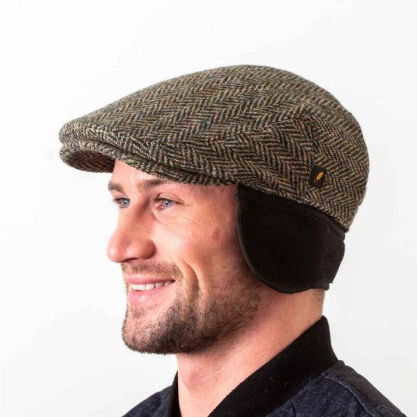 Hatman of Ireland The Dubliner 100% Donegal Tweed groen/ bruin met oorstukken