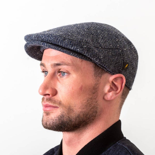 Hatman of Ireland Traditional Flat cap 100% Donegal Tweed Blue Herringbone
