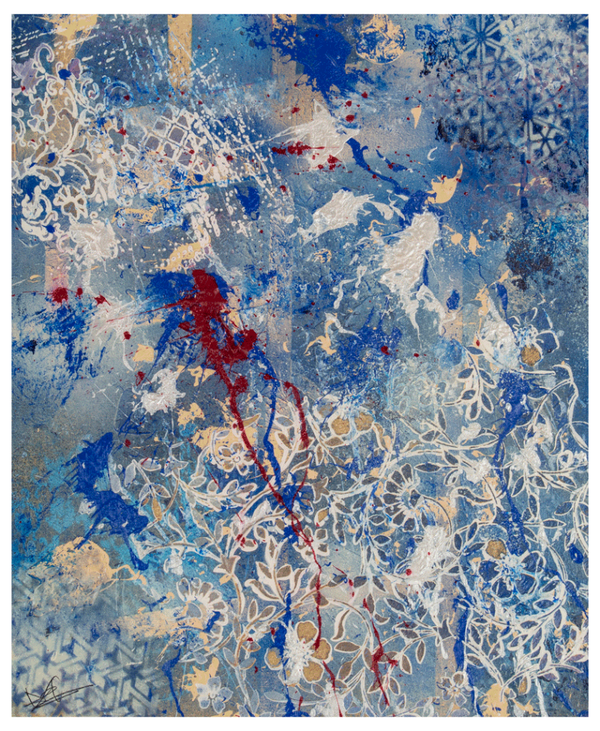 Limited Edition Abstract Painting - Blues, Whites, Cream, Red Splash