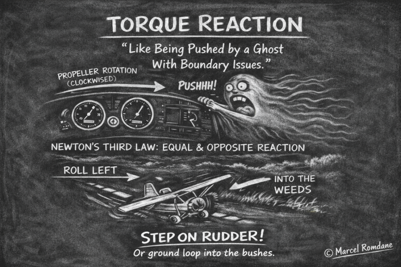Chalkboard-style diagram showing torque reaction in taildraggers, featuring a ghost pushing the aircraft left. Illustration by Marcel Romdane from Stick, Rudder & Regret: A Taildragger Survival Guide — sarcastic aviation chaos.