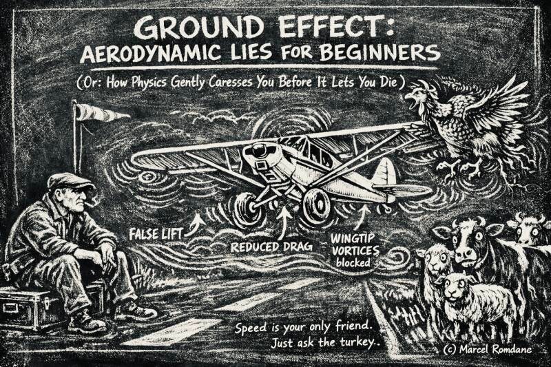 Chalk-style illustration by Marcel Romdane titled “GROUND EFFECT: Aerodynamic Lies for Beginners.” A Super Cub in ground effect, watched by Kalli, nervous livestock, and an airborne turkey of vengeance. Taildragger survival satire from Stick, Rudder & Reg