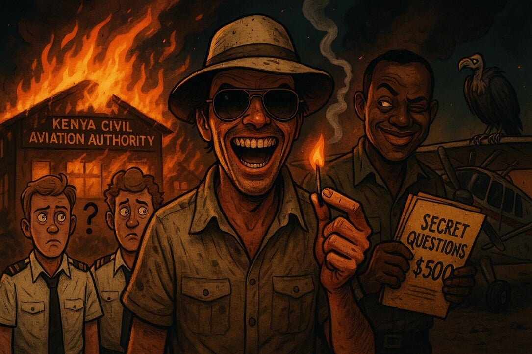 Kenya Civil Aviation Authority burns behind Marcel Romdane holding a match. Chaos reigns, bribes fly, and pilots sweat. “From Riches to Rags: An African Odyssey.”Part XIII Time means nothing in Africa. Campfire Syndicate LLC documents the detonation.