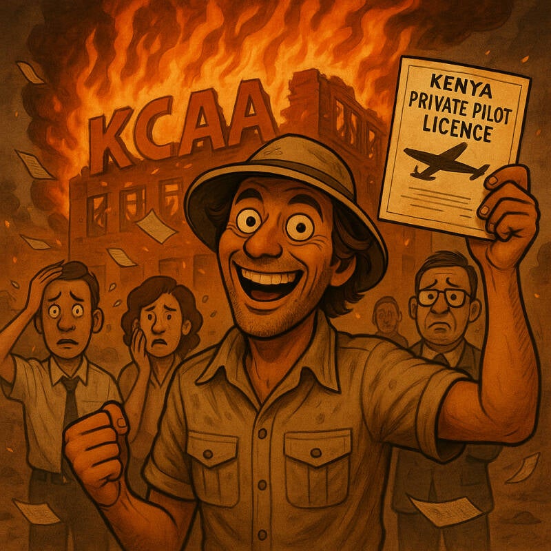 Marcel Romdane grinning maniacally outside the burning KCAA building after receiving his Kenyan Private Pilot License, chaos and bureaucratic despair swirling in the background — memoir image from From Riches to Rags: An African Odyssey, Part XV.