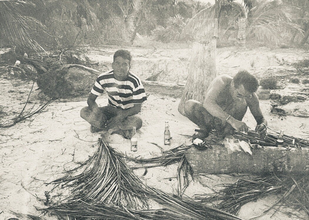 Juan and Angelo on a beach near Tulum, Mexico in 1995 — shortly before a drug enforcement raid landed them and Marcel Romdane in a military holding cell. Part of the story "Stupid is as Stupid Does" in What Could Possibly Go Wrong.