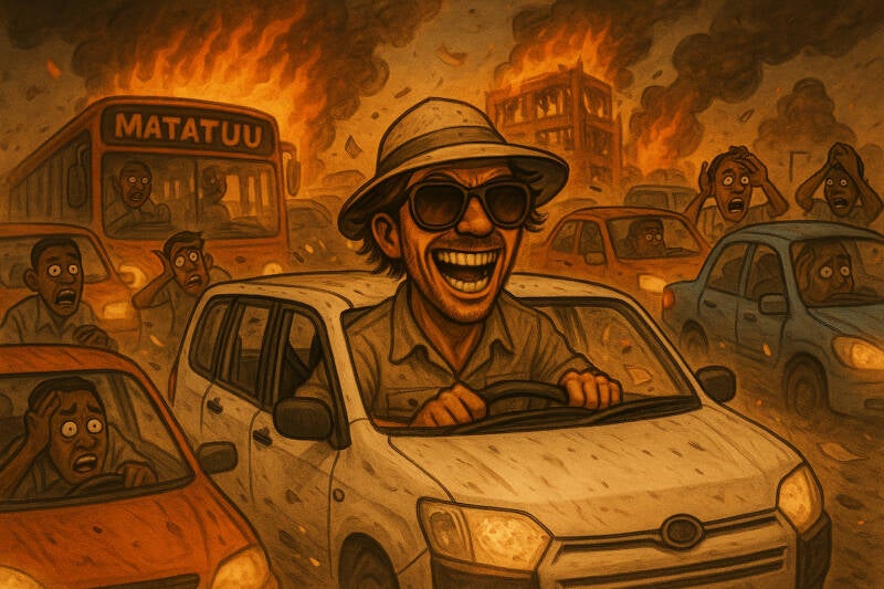 Marcel Romdane laughing maniacally while driving a white ProBox through Nairobi traffic chaos as buildings burn, bystanders scream, and reality collapses behind him