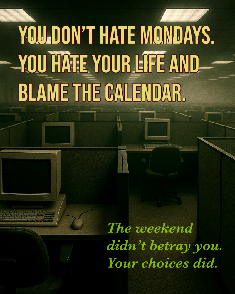 Bleak monochrome cubicle office landscape symbolizing corporate despair, empty desks with outdated computers, harsh fluorescent lighting—perfect backdrop for Romdane’s brutal Monday DeathQuote on modern life regret and existential burnout