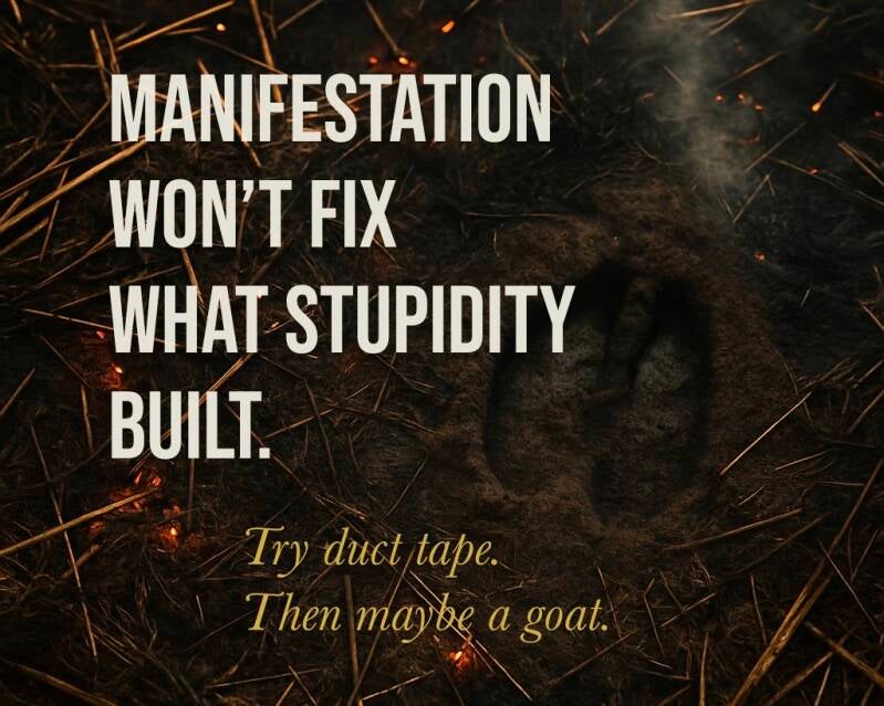 Dark humor quote by Campfire Syndicate LLC: “Manifestation won’t fix what stupidity built.” Anti-self-help satire with goat and duct tape punchline. Romdane Doctrine flashcard for rebels who burned their life and blamed the universe.