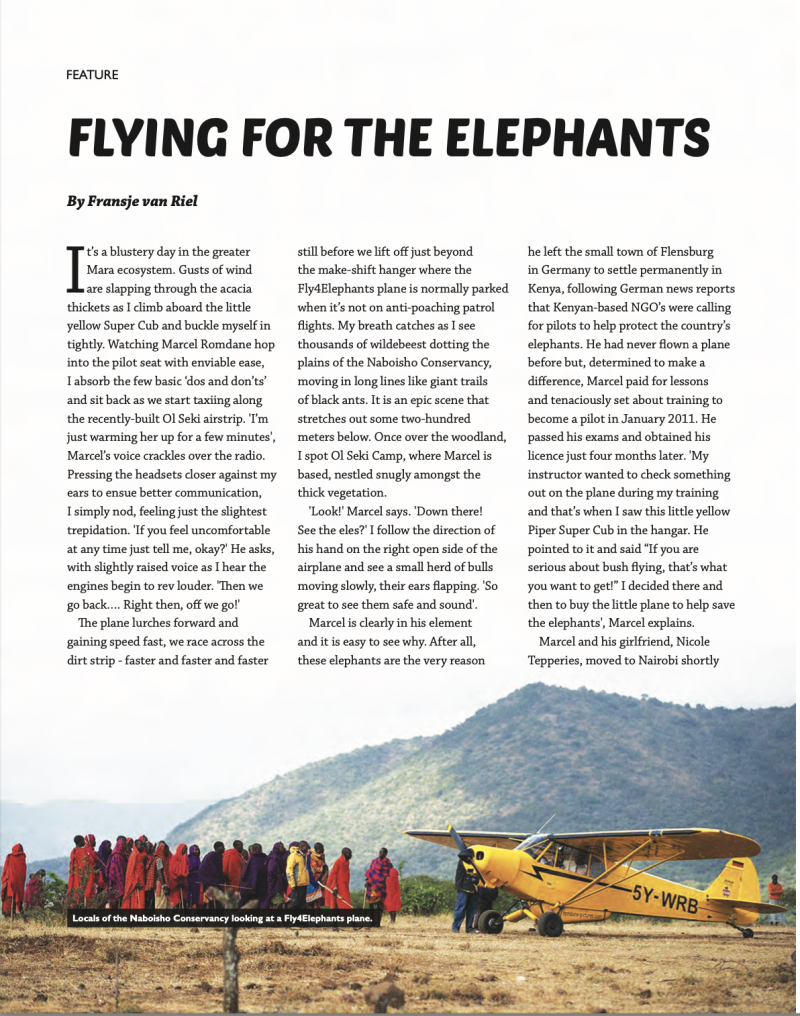 Ndege News feature titled “Flying for the Elephants,” covering Marcel Romdane and Fly4Elephants in Kenya, with a yellow Piper Super Cub parked beside Maasai residents in the Naboisho Conservancy, Maasai Mara.