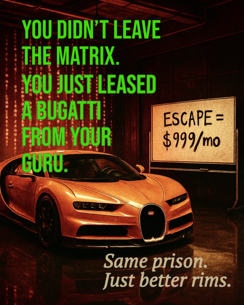 Romdane Deathquote by Campfire Syndicate LLC—Daily Detonation flashcard mocking fake alpha gurus, Bugatti cult scams, and Andrew Tate’s Matrix illusion. Satirical quote targets leased-luxury masculinity, guru grift, and $999 escape lies. GOAT-rated.