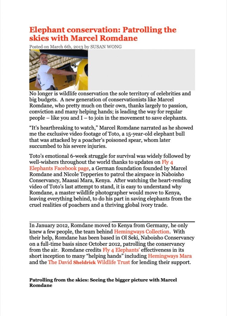 Capital FM feature on Marcel Romdane and Fly4Elephants, describing elephant patrol flights in Kenya and showing the founder beside a yellow Piper Super Cub during conservation aviation work in the Maasai Mara.
