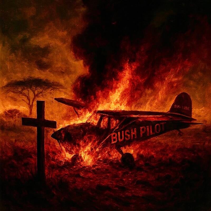 Fiery bush plane crash in the African savannah — symbolic of ego death and dream collapse. From From Riches to Rags: An African Odyssey, the darkly comic true story where aviation, purpose, and pride all go up in flames.