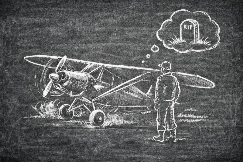 Chalk-style sketch of a Super Cub taildragger spinning on the ground while the pilot watches in disbelief — visual metaphor for ground loops and tailwheel-induced regret. From the aviation satire series “Stick, Rudder & Regret” by Marcel Romdane