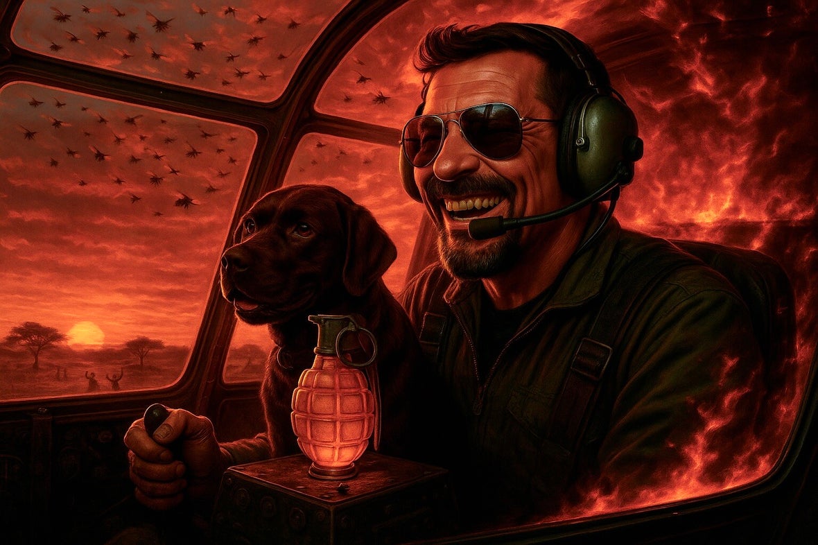 Marcel Romdane and Drax the Labrador fly through chaos, grenade glowing on the console, swarm overhead. Campfire Syndicate LLC’s “Unleash the Bees” mission launches—equal parts aviation, rebellion, and honey-fueled apocalypse. Helicopter pending. Sanity a