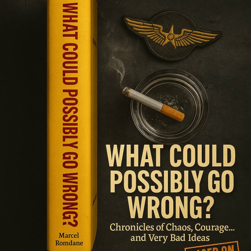Book cover of What Could Possibly Go Wrong by Marcel Romdane – Chronicles of Chaos, Courage, and Very Bad Ideas. Cigarette, pilot wings, and regret included.