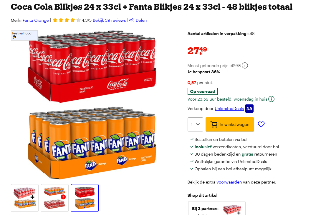 Coca Cola Blikjes 24 x 33cl + Fanta Blikjes 24 x 33cl - 48 blikjes totaal