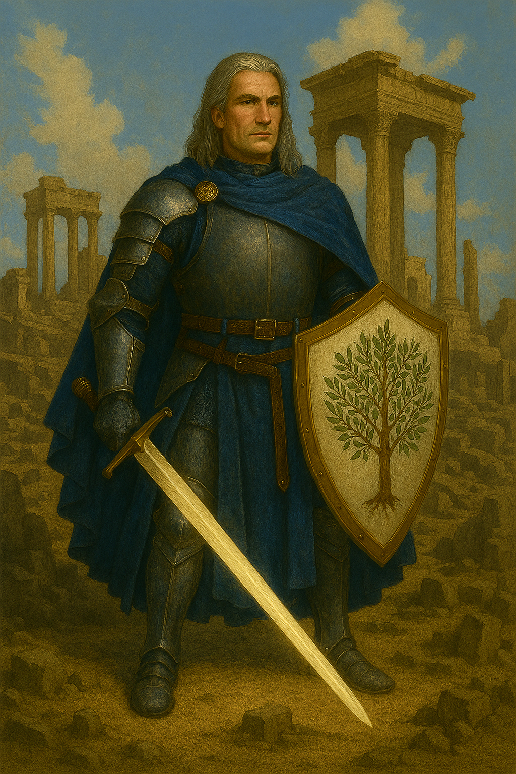 Jonah, co-MC of Book 1; Aasimar Palading with silver hair and wings, holding a sword.