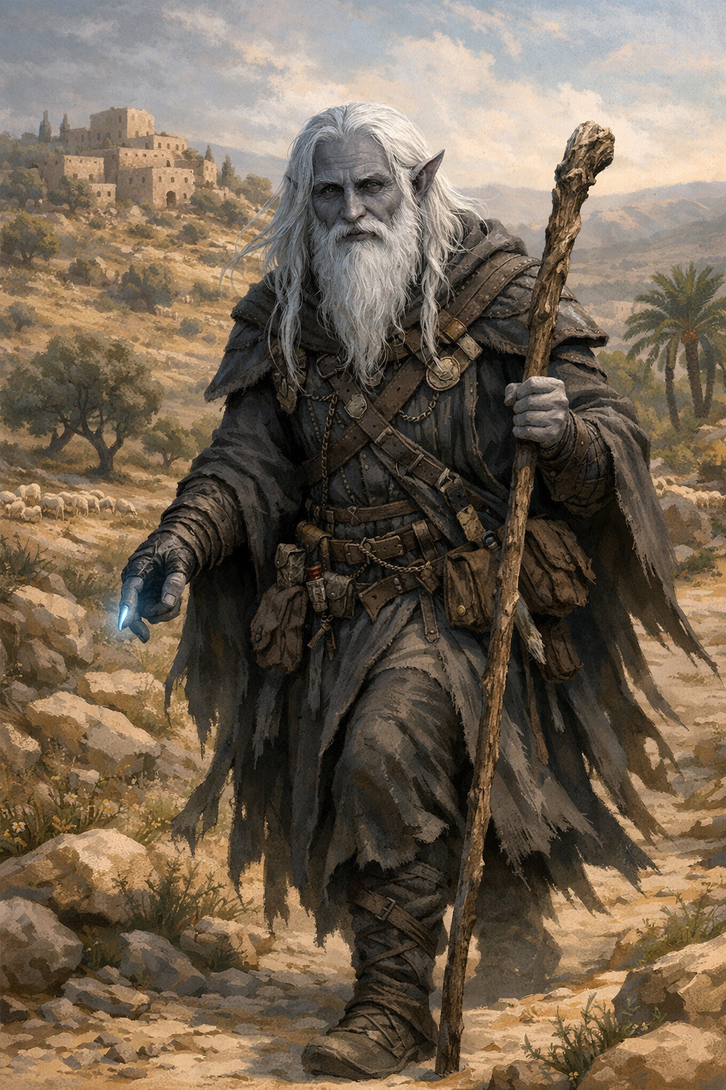 Rake, cast of Book 2. Shadar-kai Druid/Sorcerer with white hair and brown and black robes.