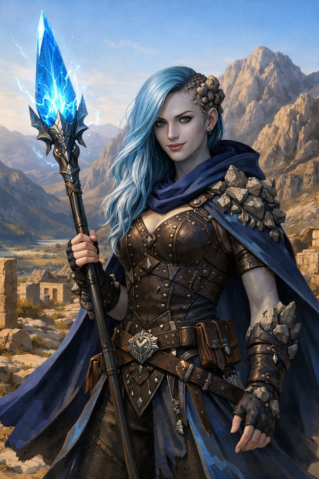 Draco, cast of Book 2. Halfling rogue wearing black armor and green cloak wielding blue psychic knives.