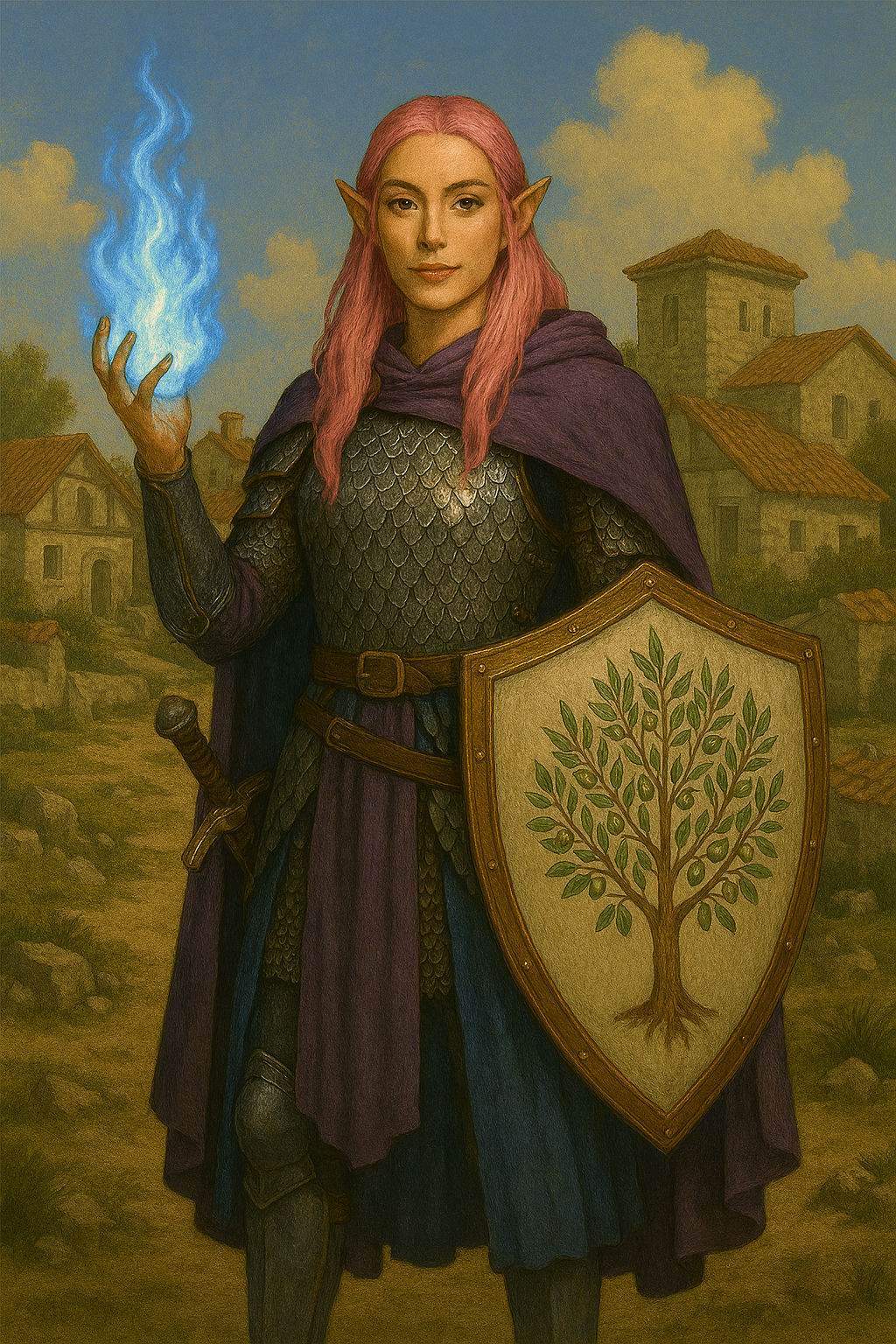 Willa, co-MC of Book 1. High elf Cleric with pink hair and green armor casting a spell.