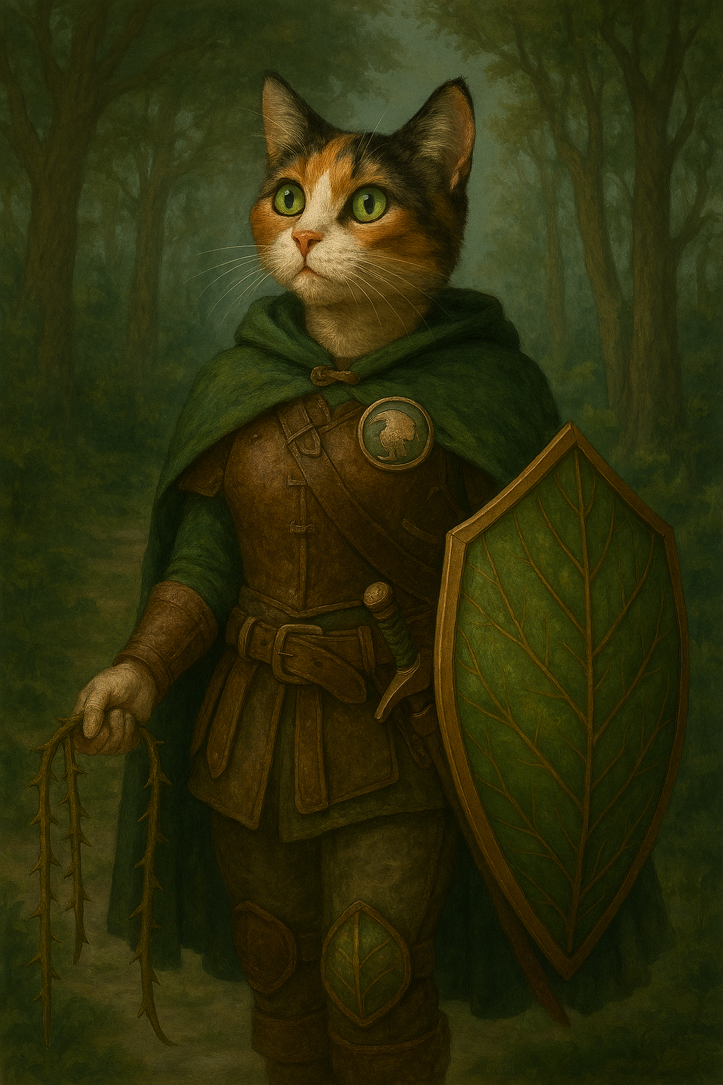 Wren, co-MC of Book 1. Tabaxi Druid in brown leather and green cloak.