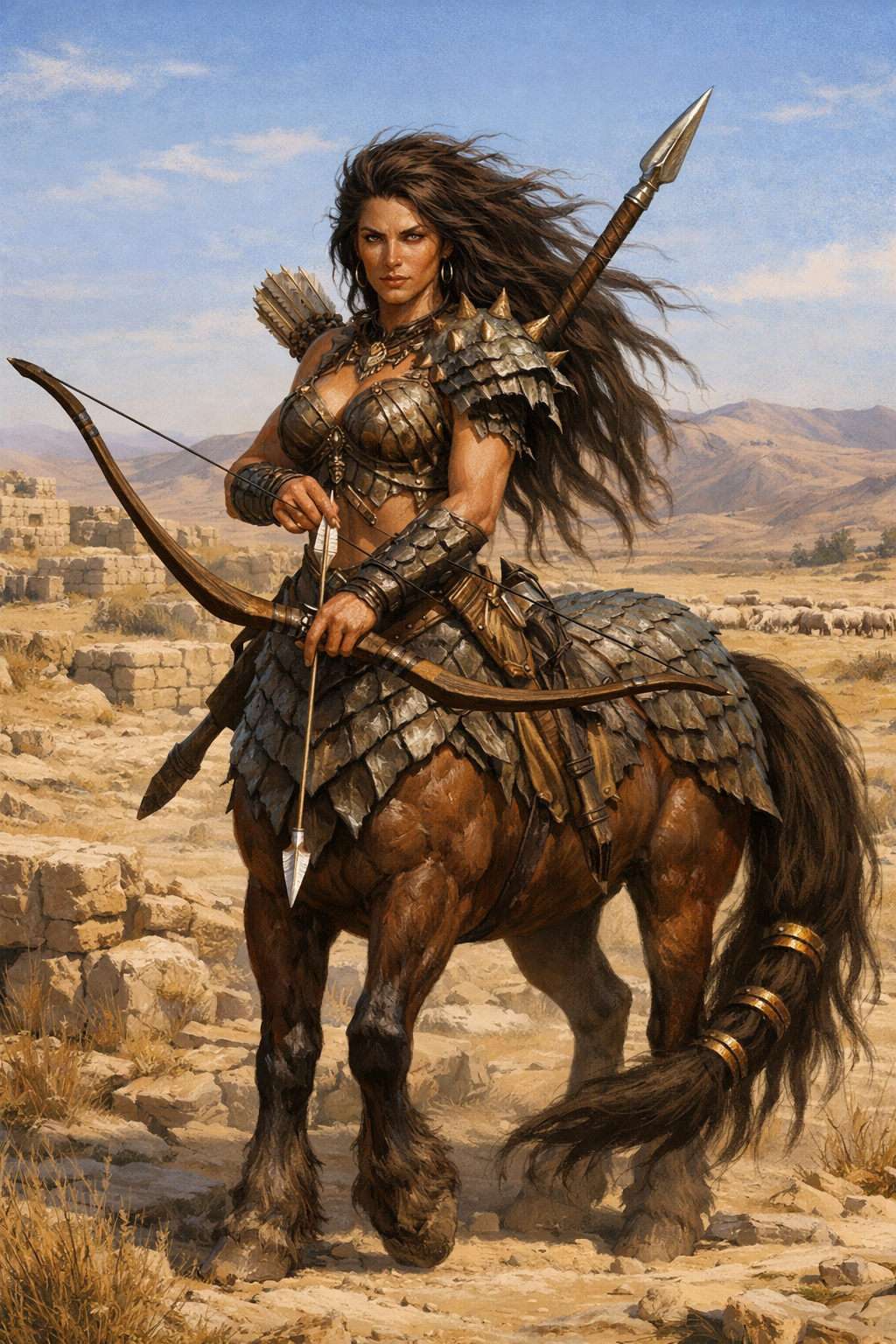 Elowen, cast of Book 2. Red haired Eladrin druid with brown armor and orange cloak. 
