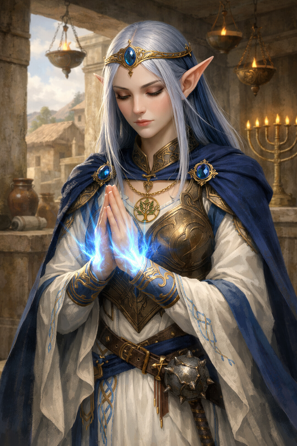 Liathana, cast of Book 2. Sea elf Paladin/Bard in shining blue armor with bright blond hair and light blue skin.