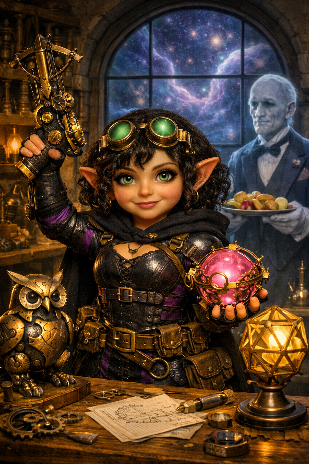Gadget, cast of Book 2. Gnome artificer wearing green armor with a utility belt of cool creations.