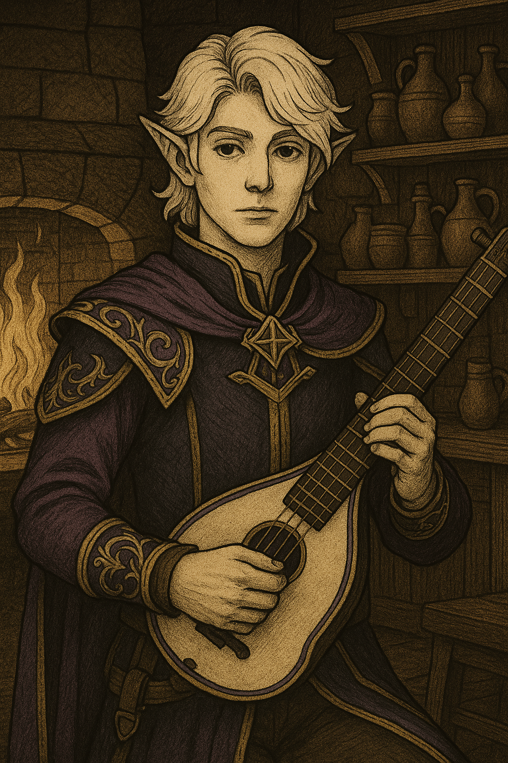 Ayzee, cast of Book 2. Wood Elf Bard, Fighter/Cleric in purple leather playing a lute.