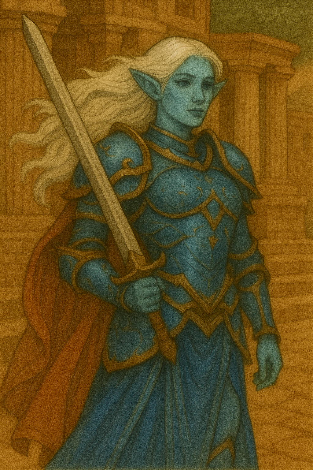 Liathana, cast of Book 2. Sea elf Paladin/Bard in shining blue armor with bright blond hair and light blue skin.