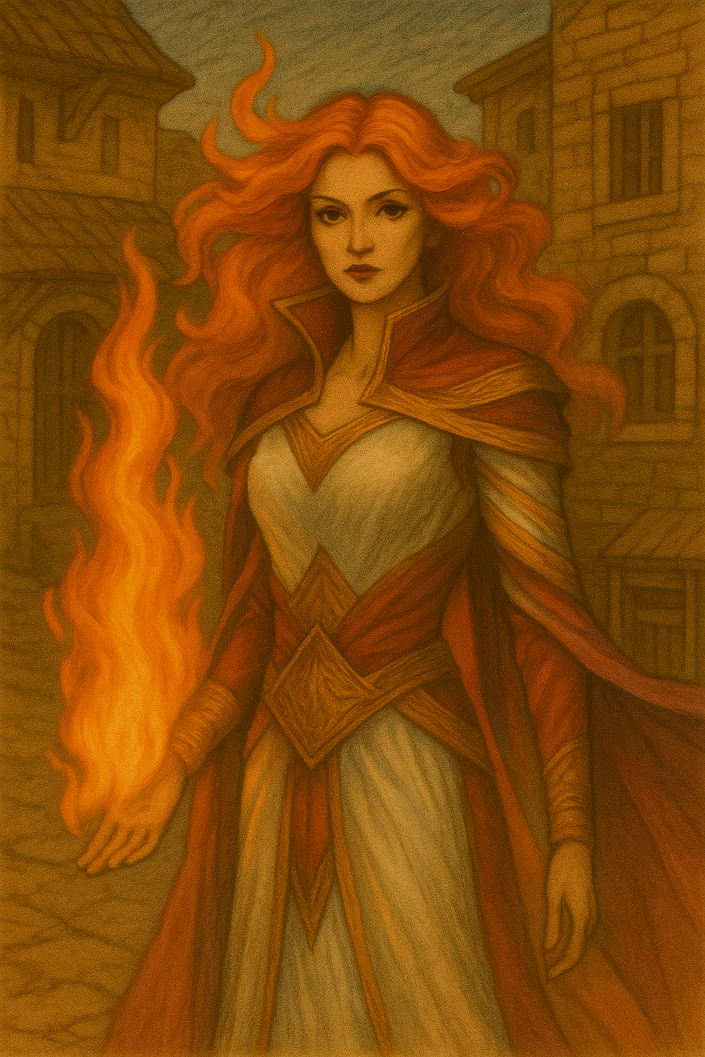 Ember Firestorm, cast of book 2. Fire-genasi wizard in white robes with flaming orange hair and fire from her hands.