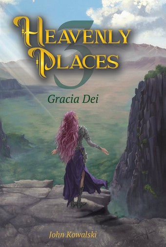 Heavenly Places 3: Gracia Dei cover. A woman standing on a cliff in total surrender looking down on the beauty of creation.