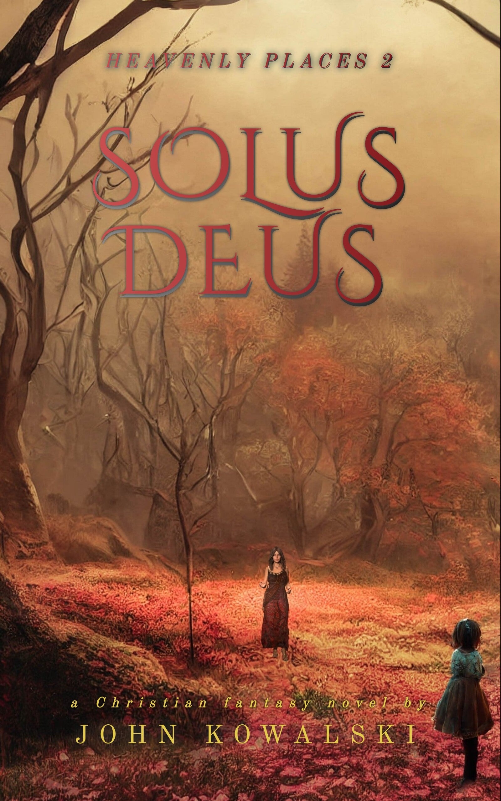 Cover of Heavenly Places 2: Solus Deus. Woman seeking a child in the wilderness with fall colors