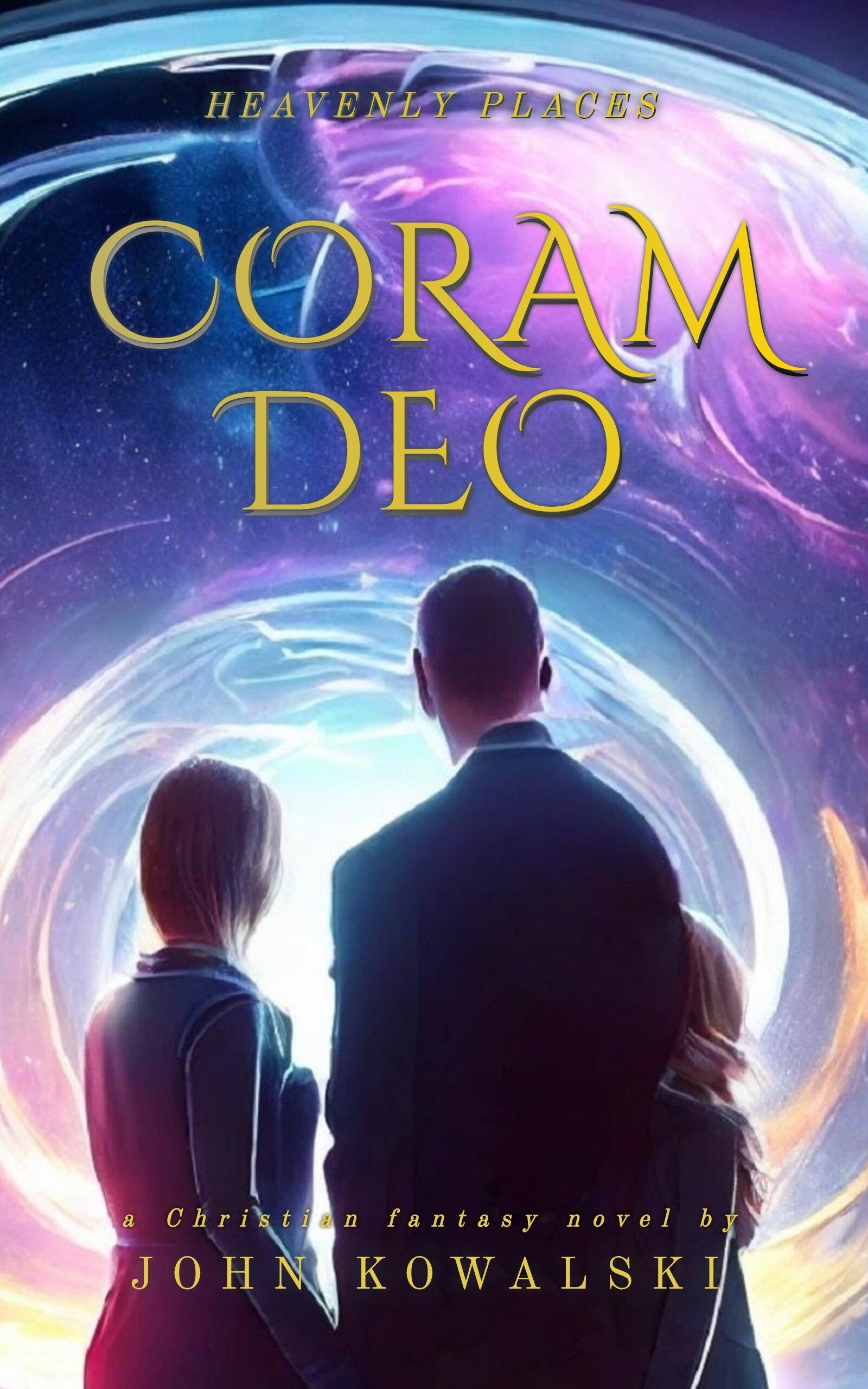 Heavenly Places: Coram Deo book cover. Father, Mother and daughter staring into a blue and purple portal.