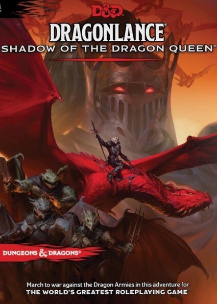Picture of the Dragonlance: Shadow of the Dragon Queen Adventure Book. A knight looms as the world burns.