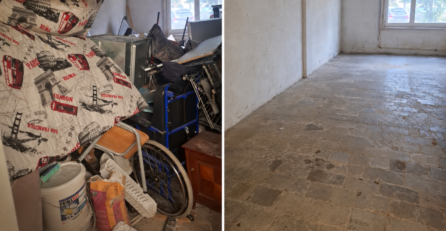 Avant, à gauche : local encombré de meubles et d’objets. Après, à droite : même local vidé, avec le sol et les murs visibles.