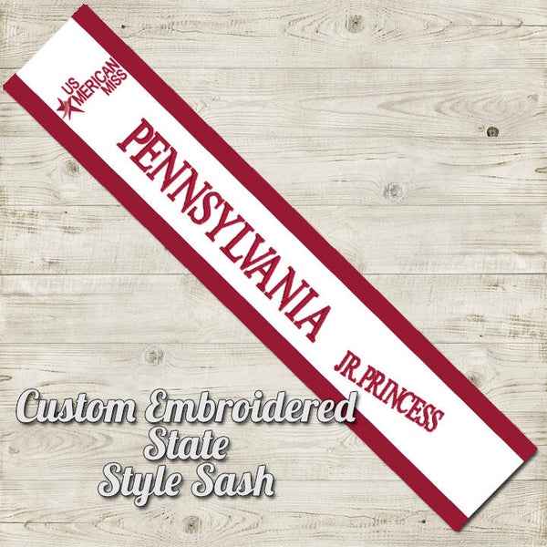 US American Miss State Queen Style-Custom Embroidered Sash for 18" doll or stuffed animal