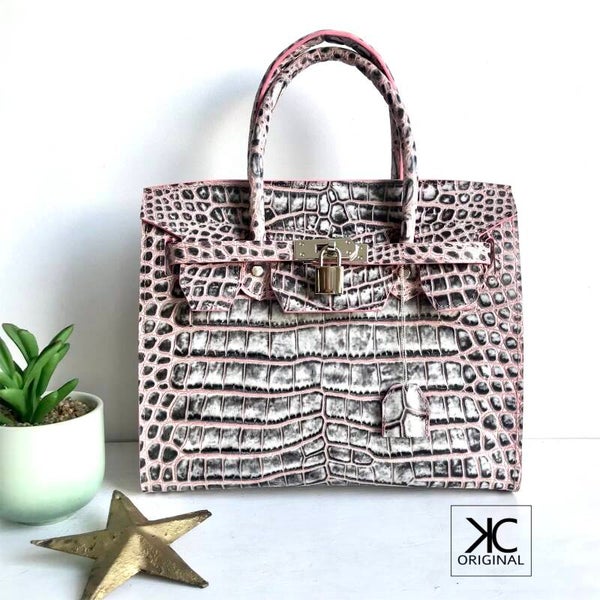 Handtas designer roze / grijs krokodil reliëf