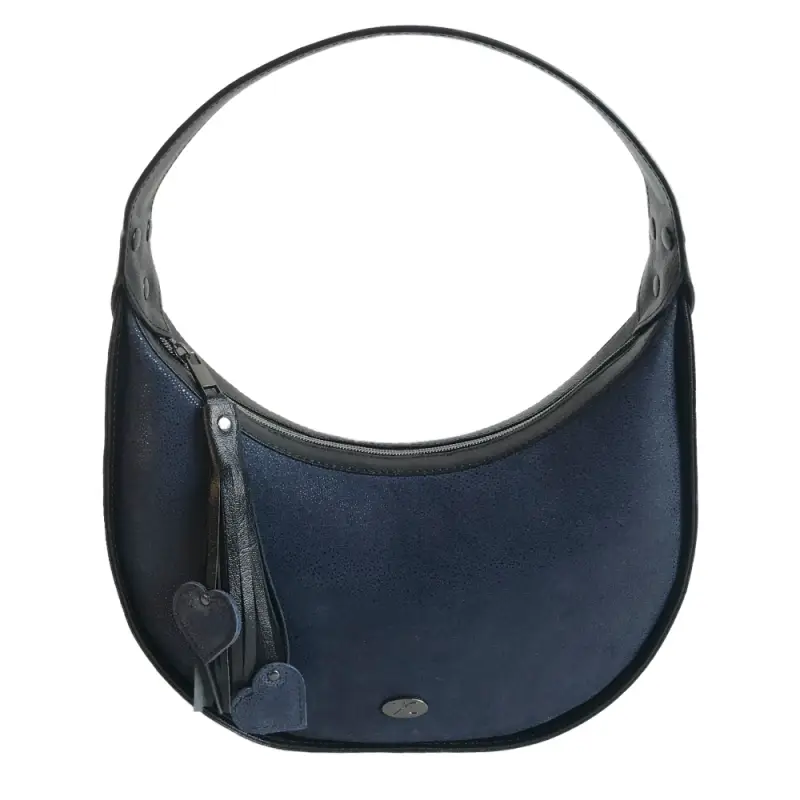 Donkerblauwe leren schoudertas, donkerblauw met zwart leren halfronde schoudertas, navy leren schoudertas 